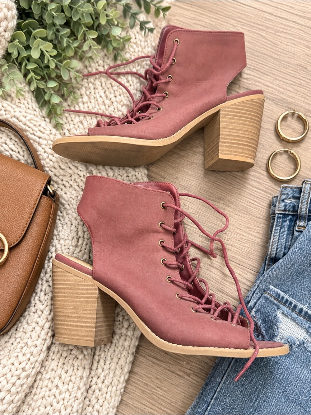 Target Burgundy Lace-Up Open Toe Block Heel Booties Size 11
